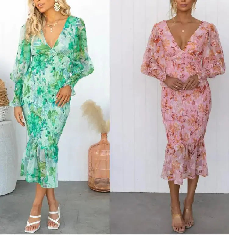 Long Sleeve V-Neck Flared Skirt Dress with Elastic Waist