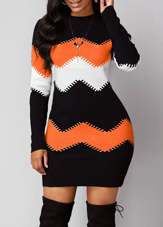 Printed Knitted Mid-Length Long Sleeve Dress