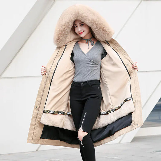 Korean Style Thick Parka with Detachable Fur Collar