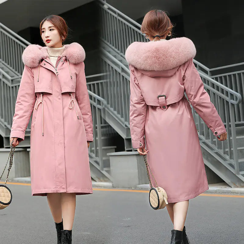 Korean Style Thick Parka with Detachable Fur Collar