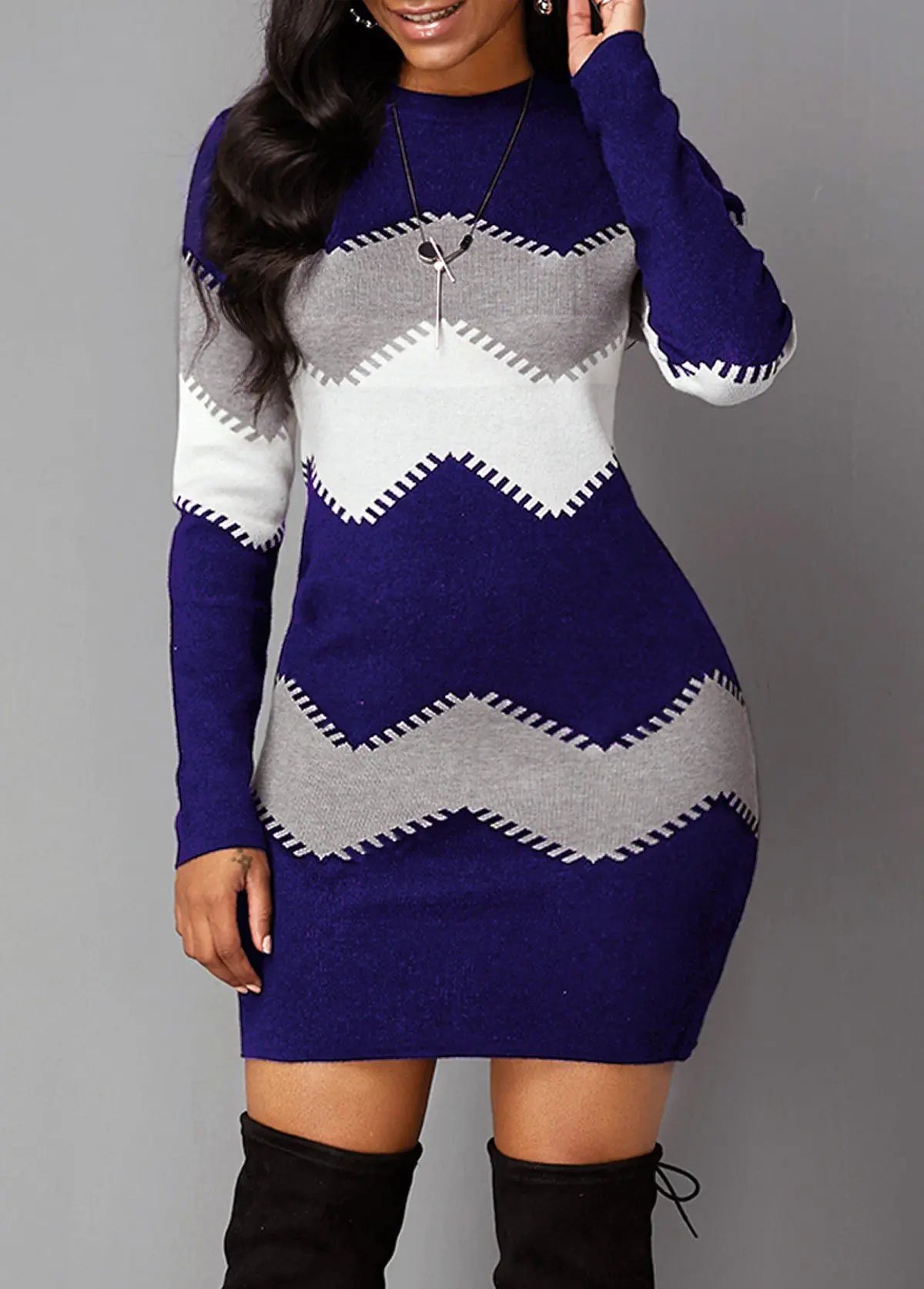 Printed Knitted Mid-Length Long Sleeve Dress
