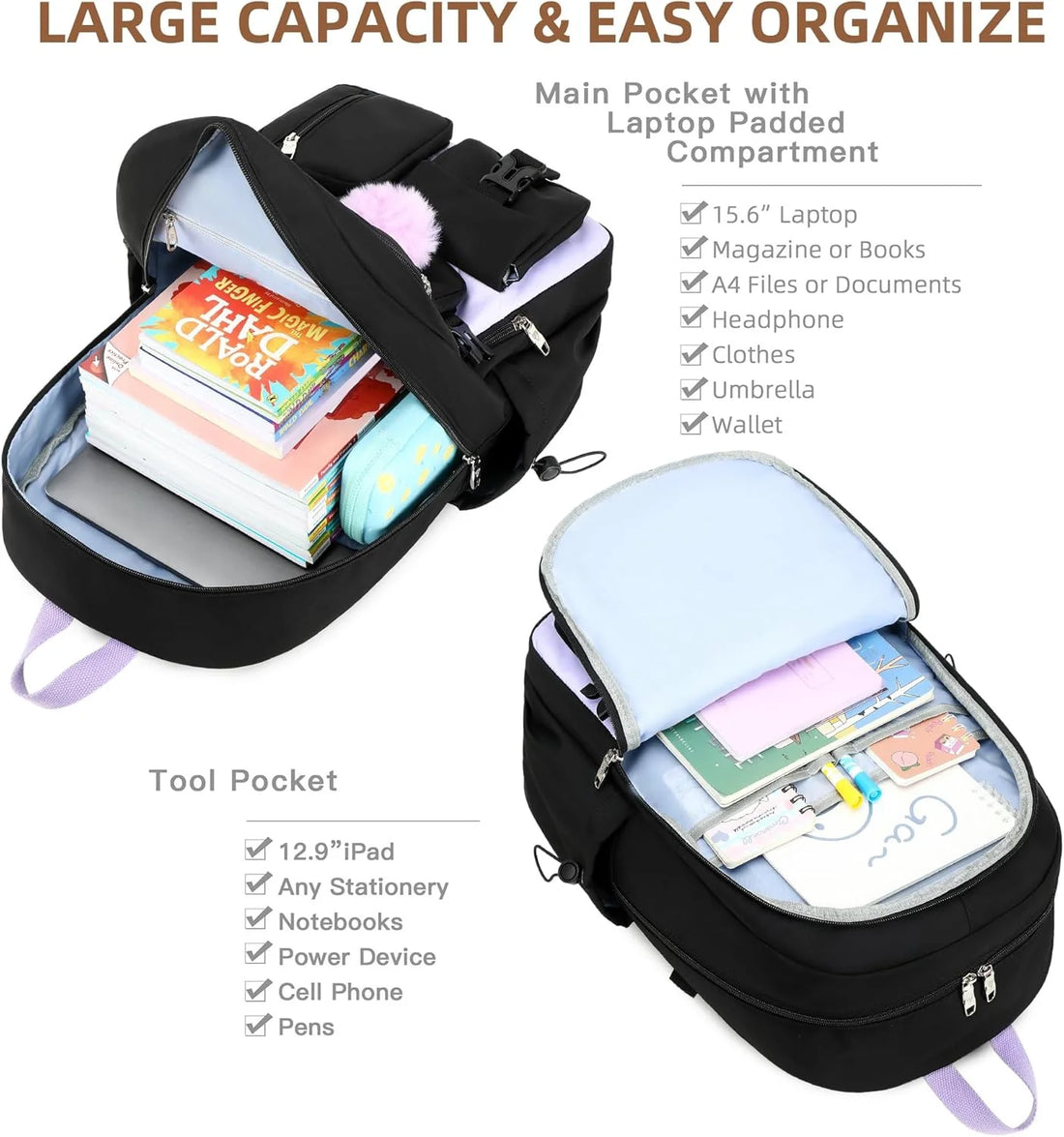 Laptop Backpack 15.6 Inch Backpack Anti-Theft Travel Backpack Large Schoolbag Teenagers（Purple）