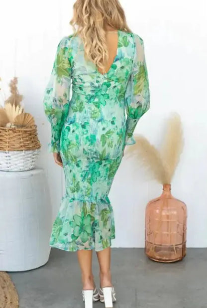 Long Sleeve V-Neck Flared Skirt Dress with Elastic Waist