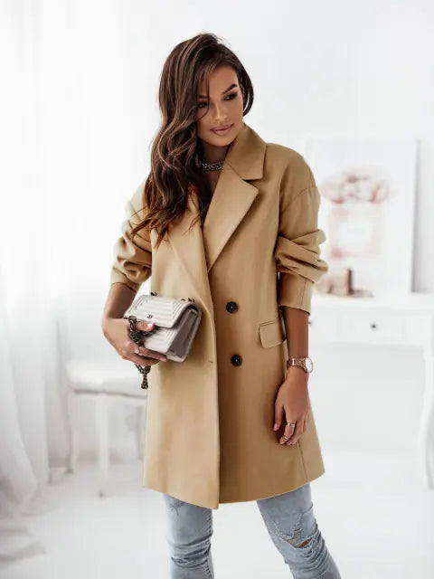 Double-breasted Woolen Coat with Blazer Collar