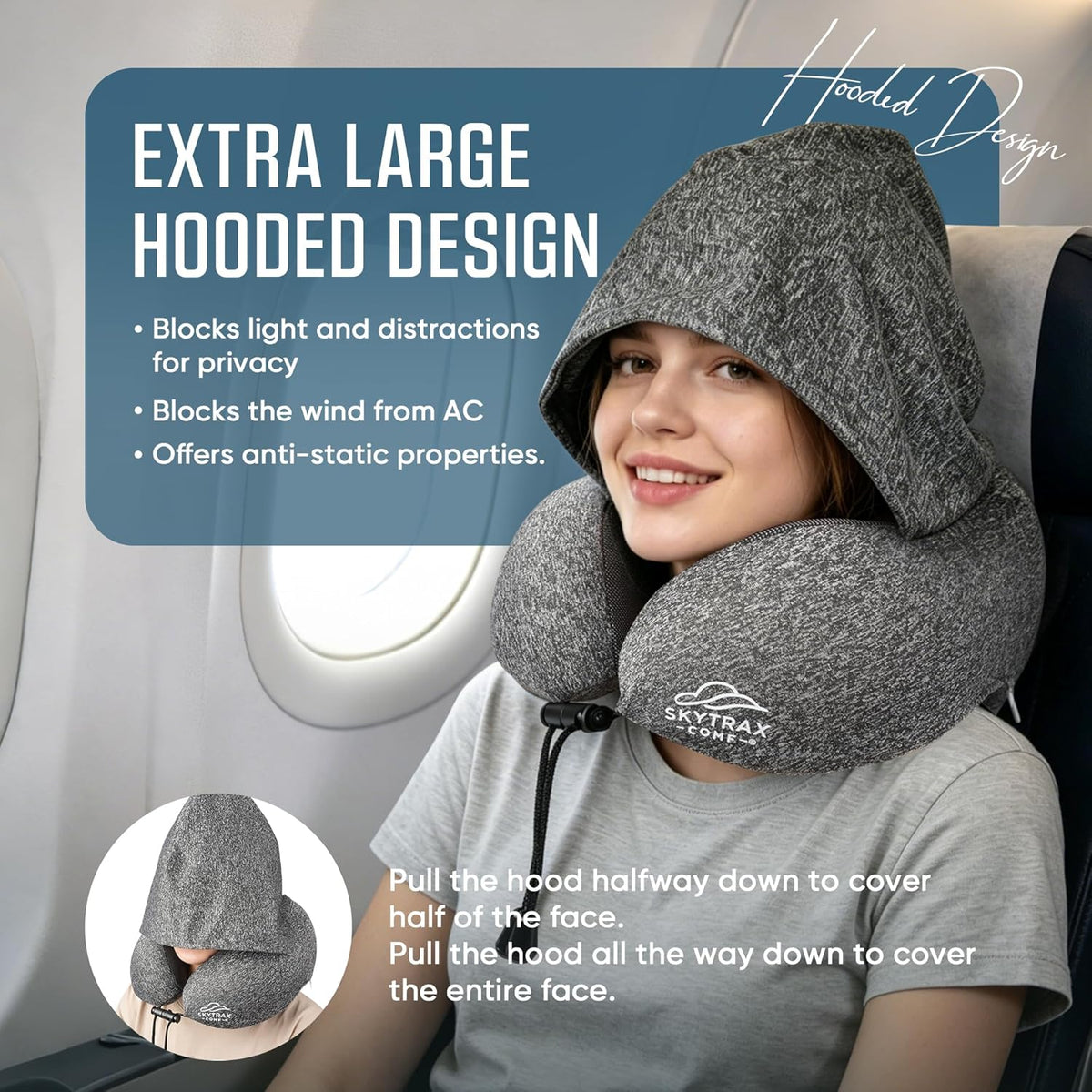 Skytraxcomf® Travel Neck Pillow with Hood for Privacy on Long Flights