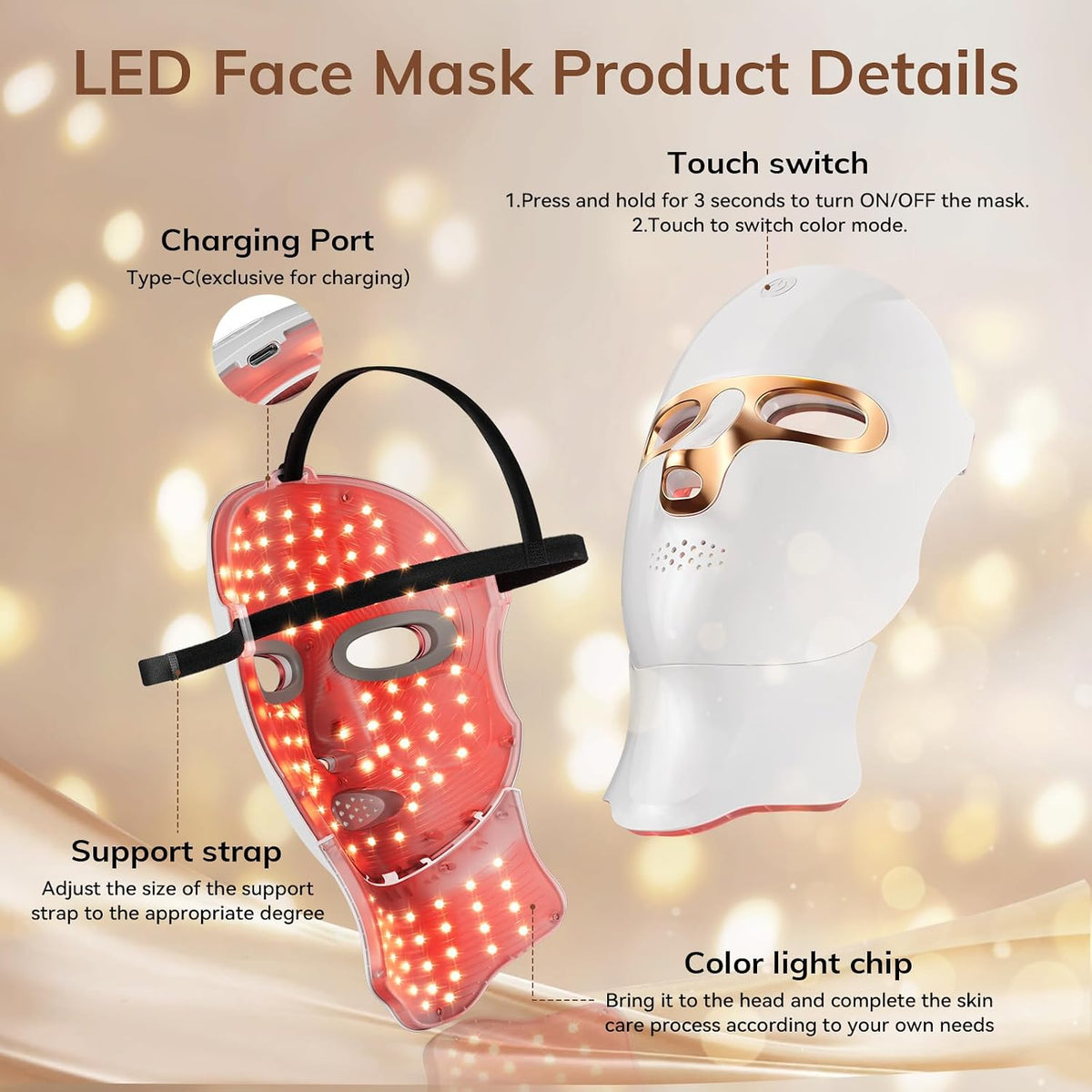 Red Light Therapy Mask for Face,Cordless LED Face Mask Light Therapy,Usb C Rechargeable,Infrared Light Therapy Mask for Home Working Travel Yoga Sleep