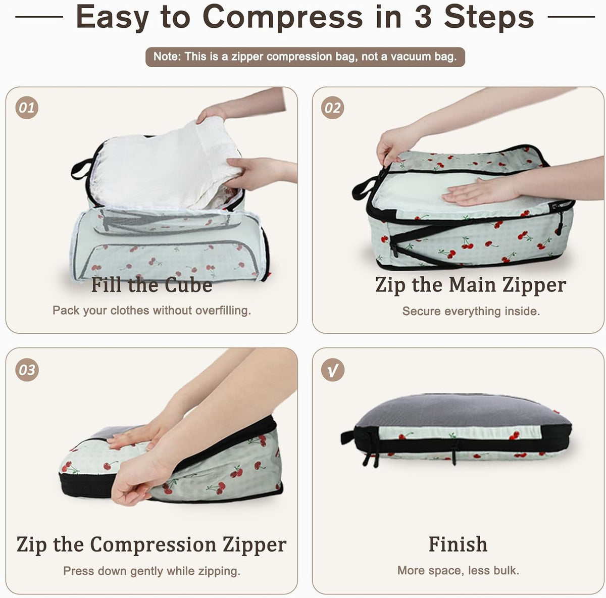 4 Set Compression Packing Cubes, Travel Organizers (Sage Green Cherry)