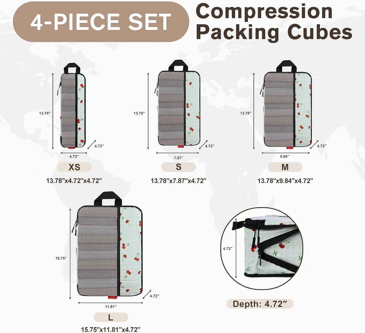 4 Set Compression Packing Cubes, Travel Organizers (Sage Green Cherry)