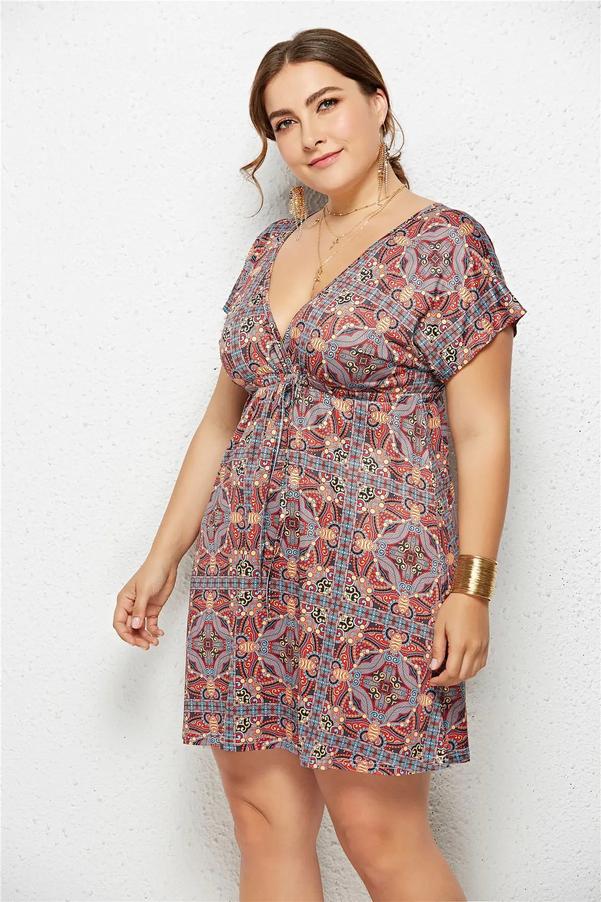 V-Neck Elastic Waist Printed Dress