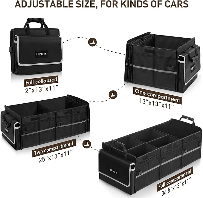 Car Trunk Storage Organizer, 4 in 1 Multi Compartment Collapsible Trunk Storage Box with Leakproof Insulated Cooler Bag for Car Truck SUV