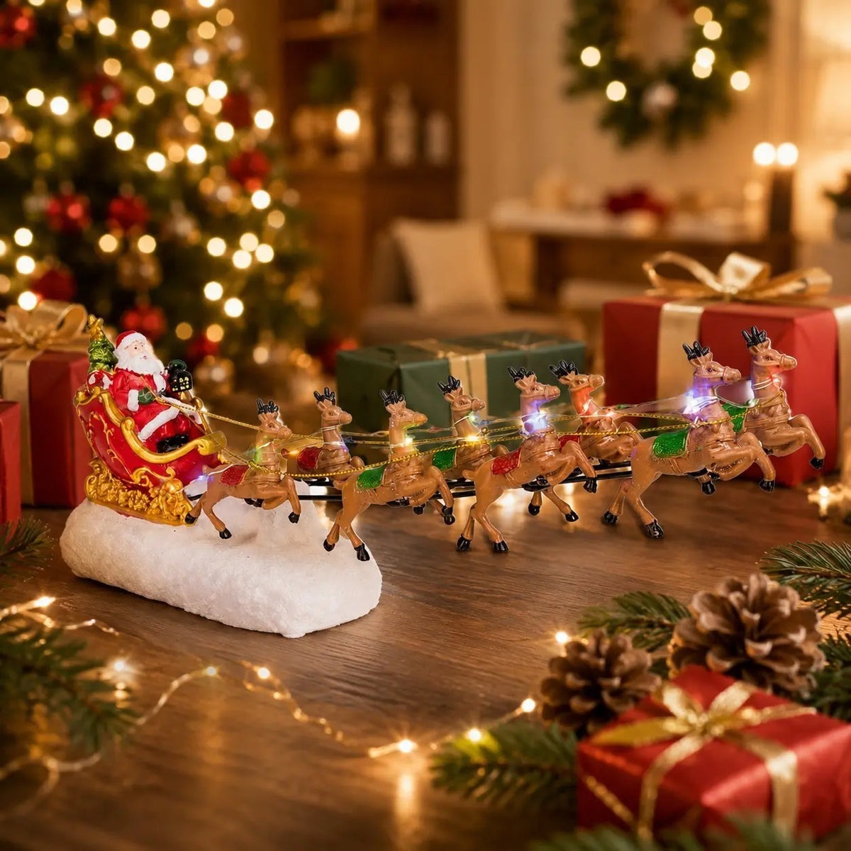 1 Set Santa Sleigh with 8 Reindeer, Classic Christmas RGB LED Lighted Tabletop Decoration, Light up Christmas Decor, 3 AAA Battery Powered Holiday Village Decor for Home Mantel Shelf Christmas Gift