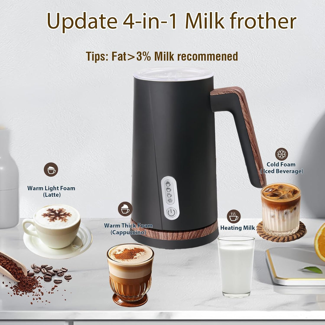 Electric Milk Frother and Steamer, 4-In-1 Milk Steamer with Wood Elements Design, Automatic Hot & Cold Foam Maker for Latte, Cappuccinos, Macchiato, Milk Warmer, Black (Black)