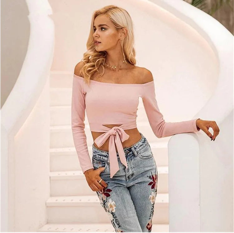 Off-Shoulder Tie Long Sleeve Top