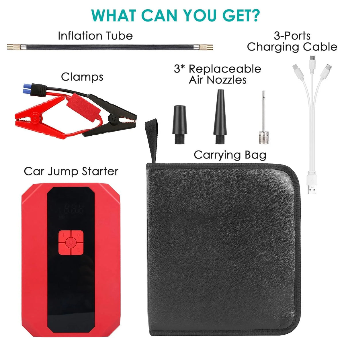 1Pc Portable Car Jump Starter Air Compressor 1500A 400PSI Car Battery Charger Jump Starter Power Bank LED Flashlight Digital Tire Inflator for 4.0L Gasoline or 2.0L Diesel Engine