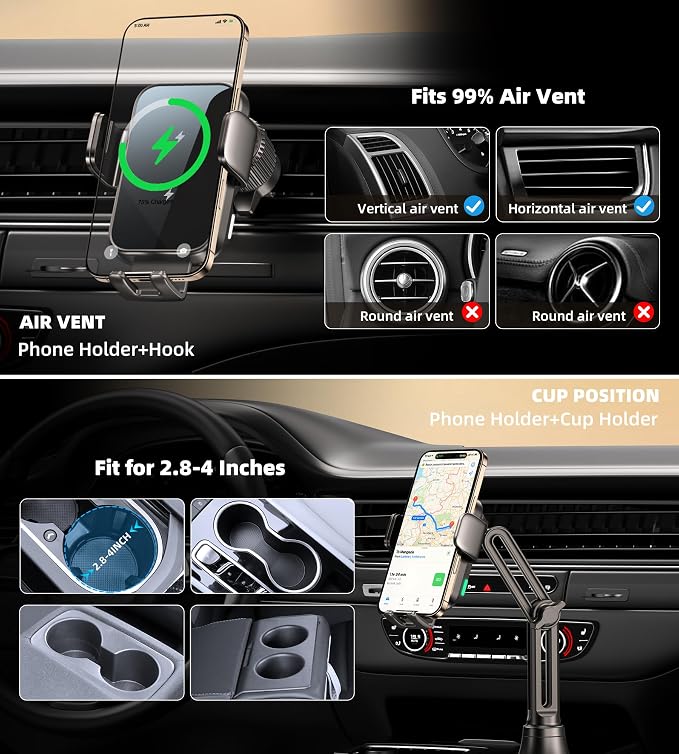 15W Dual-Coil Wireless Car Charger Phone Holder – Auto-Clamping Cup & Vent Mount for iPhone & Samsung
