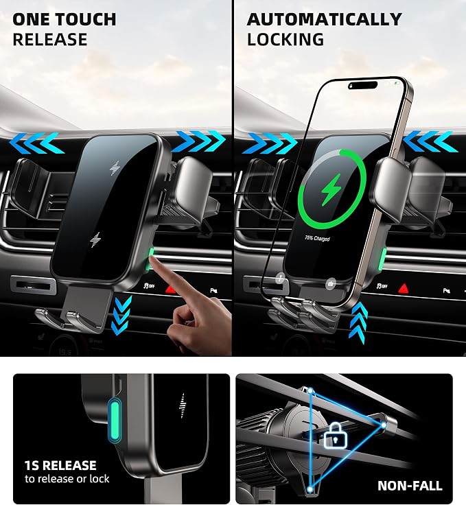 15W Dual-Coil Wireless Car Charger Phone Holder – Auto-Clamping Cup & Vent Mount for iPhone & Samsung