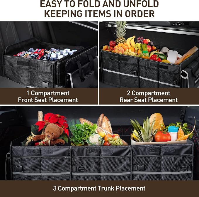 Car Trunk Storage Organizer, 4 in 1 Multi Compartment Collapsible Trunk Storage Box with Leakproof Insulated Cooler Bag for Car Truck SUV
