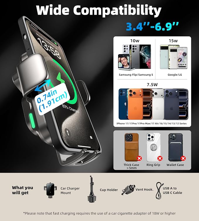 15W Dual-Coil Wireless Car Charger Phone Holder – Auto-Clamping Cup & Vent Mount for iPhone & Samsung