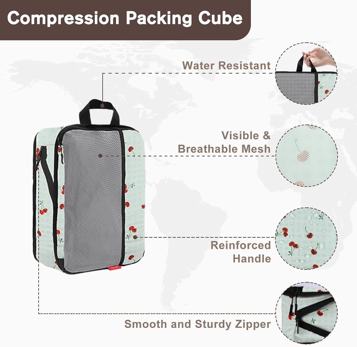 4 Set Compression Packing Cubes, Travel Organizers (Sage Green Cherry)