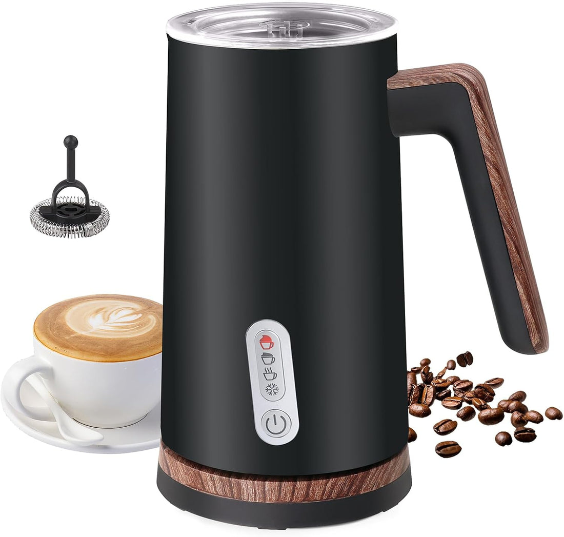 Electric Milk Frother and Steamer, 4-In-1 Milk Steamer with Wood Elements Design, Automatic Hot & Cold Foam Maker for Latte, Cappuccinos, Macchiato, Milk Warmer, Black (Black)