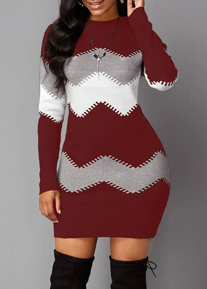 Printed Knitted Mid-Length Long Sleeve Dress