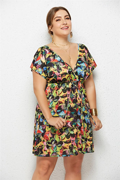 V-Neck Elastic Waist Printed Dress