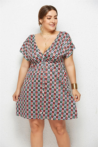 V-Neck Elastic Waist Printed Dress
