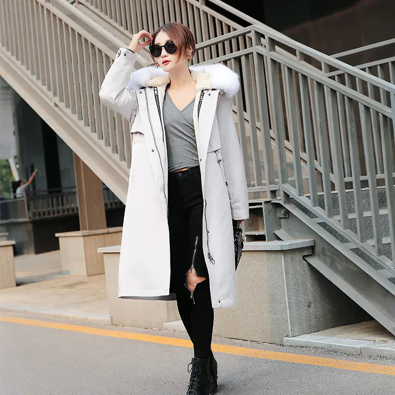 Korean Style Thick Parka with Detachable Fur Collar