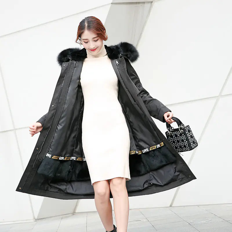 Korean Style Thick Parka with Detachable Fur Collar