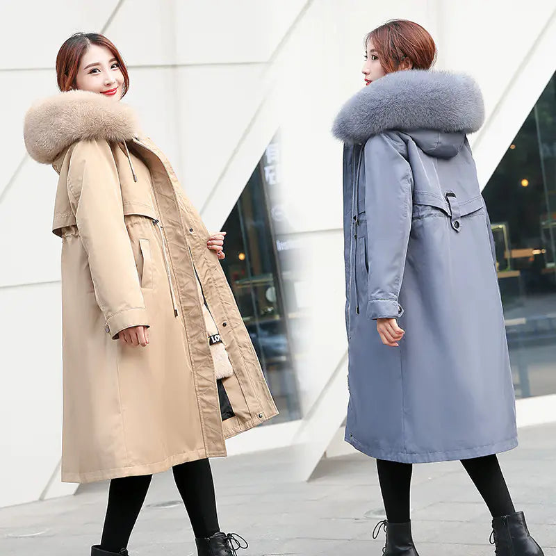 Korean Style Thick Parka with Detachable Fur Collar