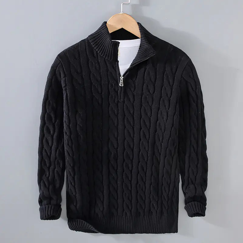 Thick Knit Zipper Sweater with Half Turtleneck
