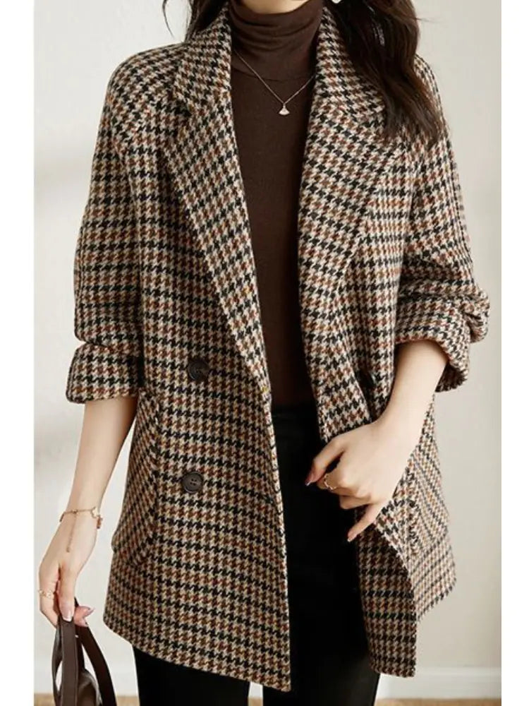Retro Double-Breasted Wool Plaid Blazer