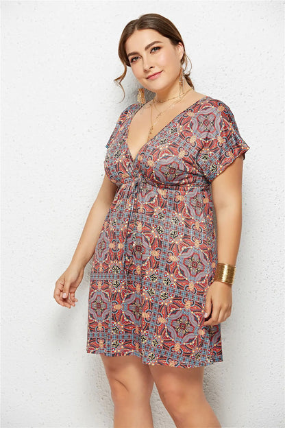 V-Neck Elastic Waist Printed Dress