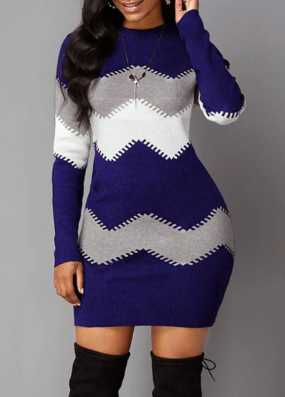 Printed Knitted Mid-Length Long Sleeve Dress