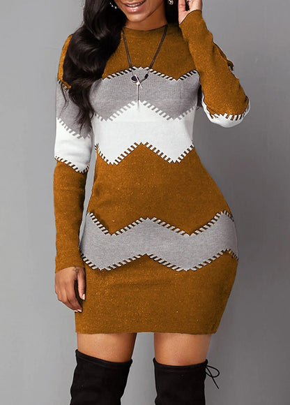 Printed Knitted Mid-Length Long Sleeve Dress