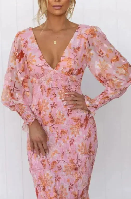 Long Sleeve V-Neck Flared Skirt Dress with Elastic Waist