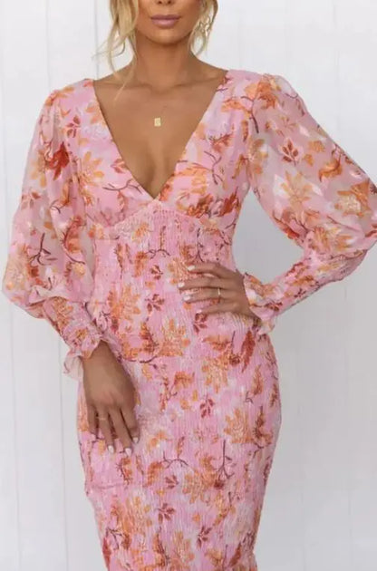 Long Sleeve V-Neck Flared Skirt Dress with Elastic Waist