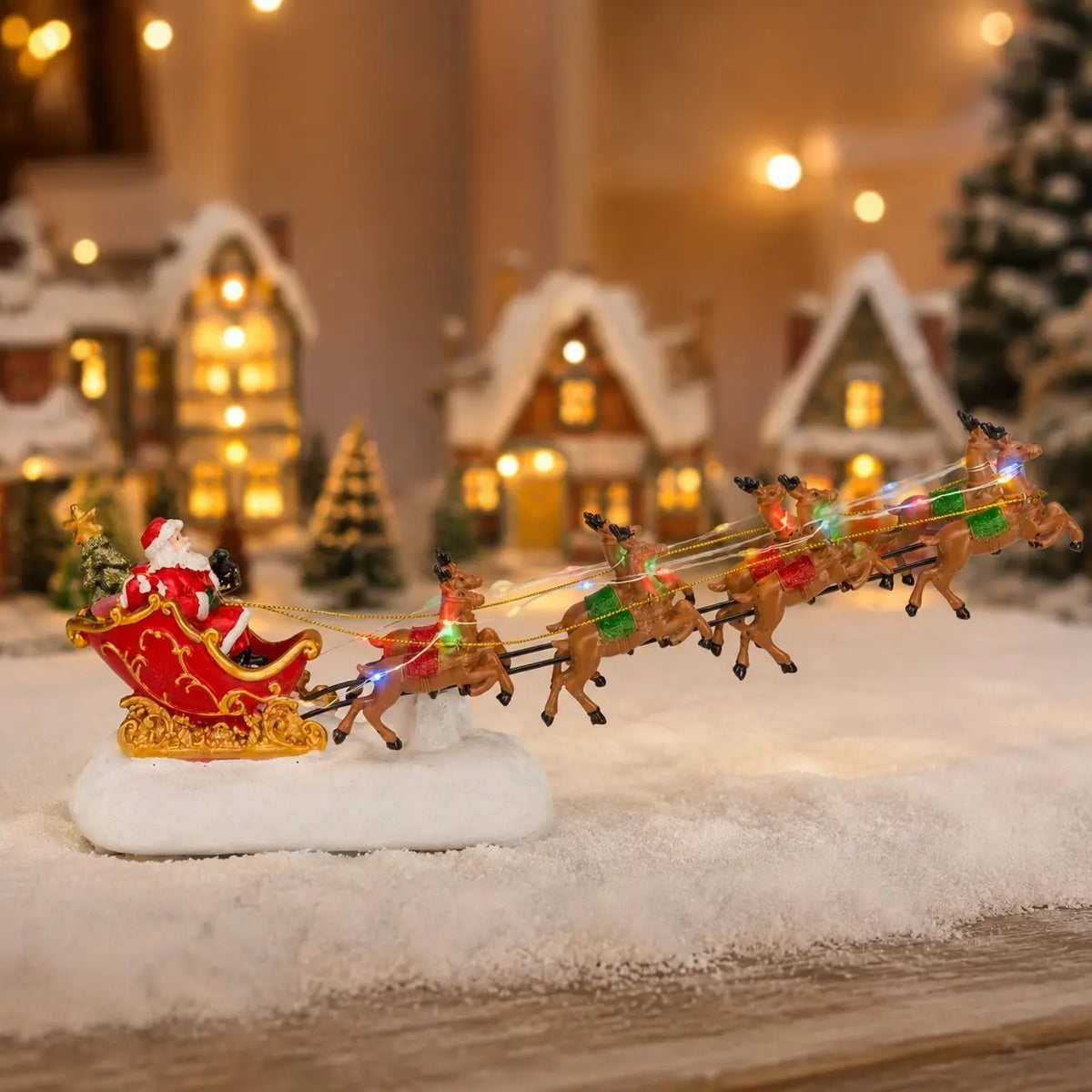1 Set Santa Sleigh with 8 Reindeer, Classic Christmas RGB LED Lighted Tabletop Decoration, Light up Christmas Decor, 3 AAA Battery Powered Holiday Village Decor for Home Mantel Shelf Christmas Gift