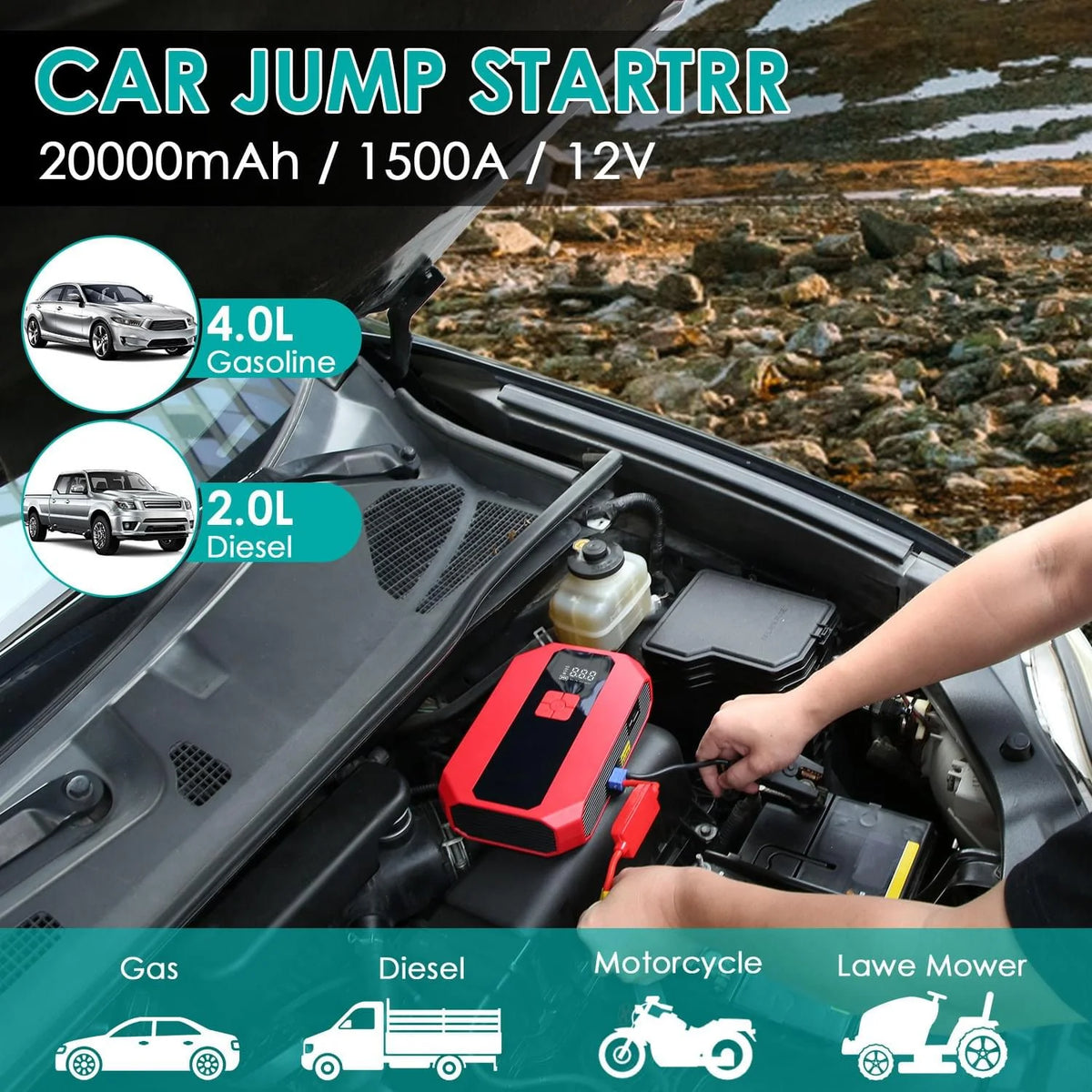 1Pc Portable Car Jump Starter Air Compressor 1500A 400PSI Car Battery Charger Jump Starter Power Bank LED Flashlight Digital Tire Inflator for 4.0L Gasoline or 2.0L Diesel Engine