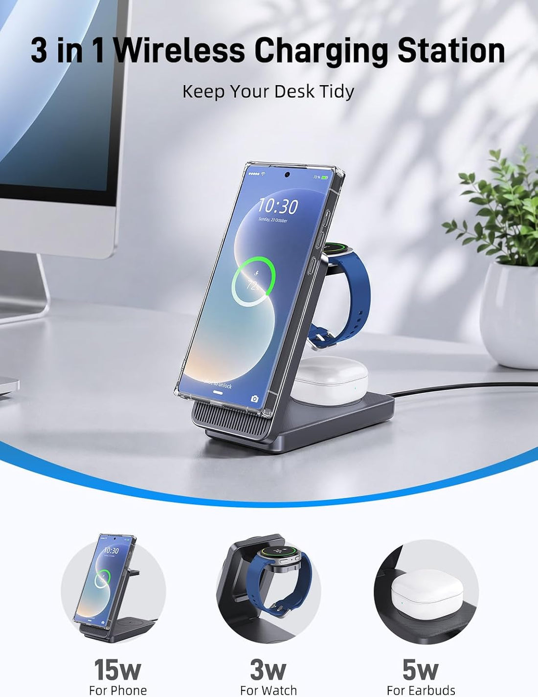 3 in 1 Wireless Charging Station for Samsung, Foldable Wireless Charger