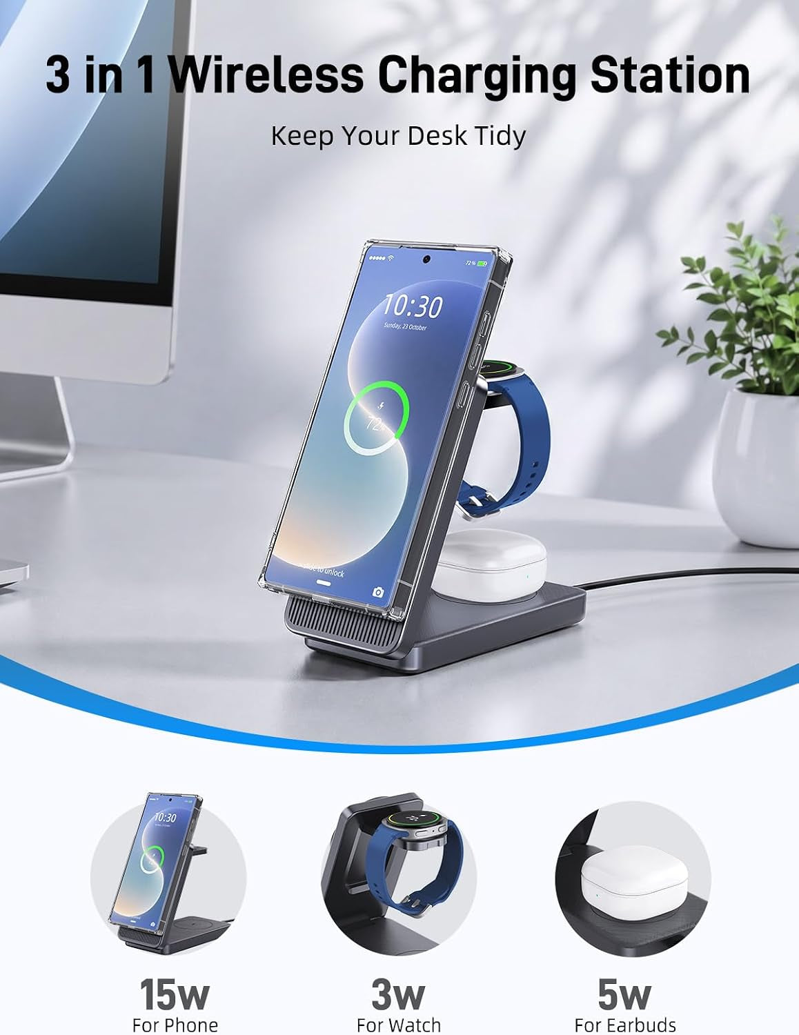 3 in 1 Wireless Charging Station for Samsung, Foldable Wireless Charger