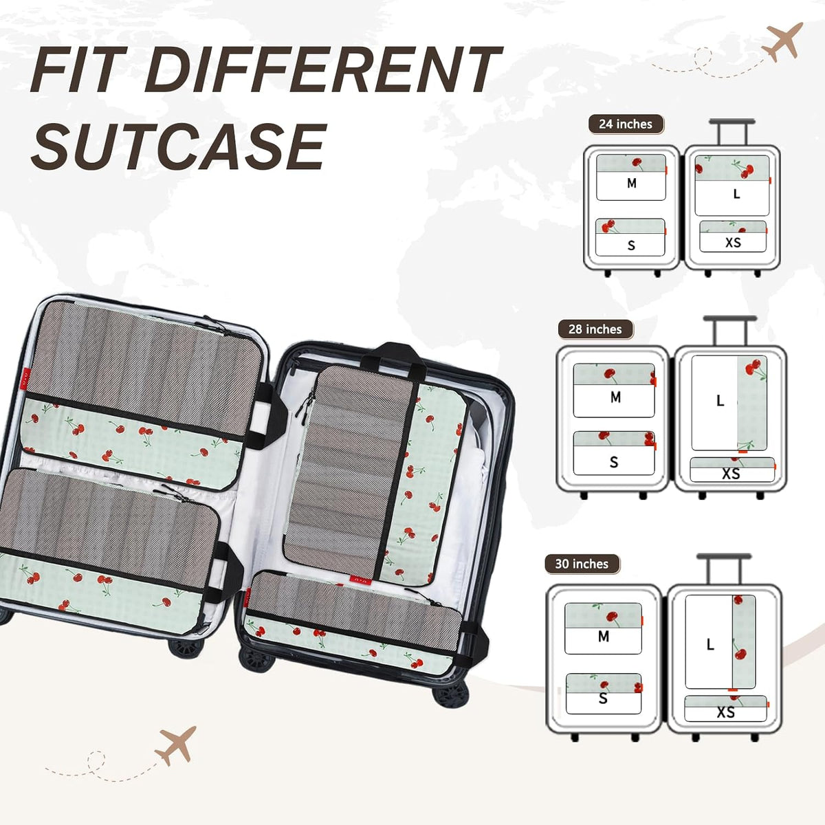 4 Set Compression Packing Cubes, Travel Organizers (Sage Green Cherry)