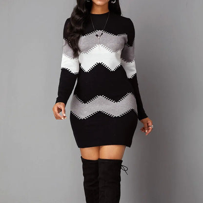 Printed Knitted Mid-Length Long Sleeve Dress