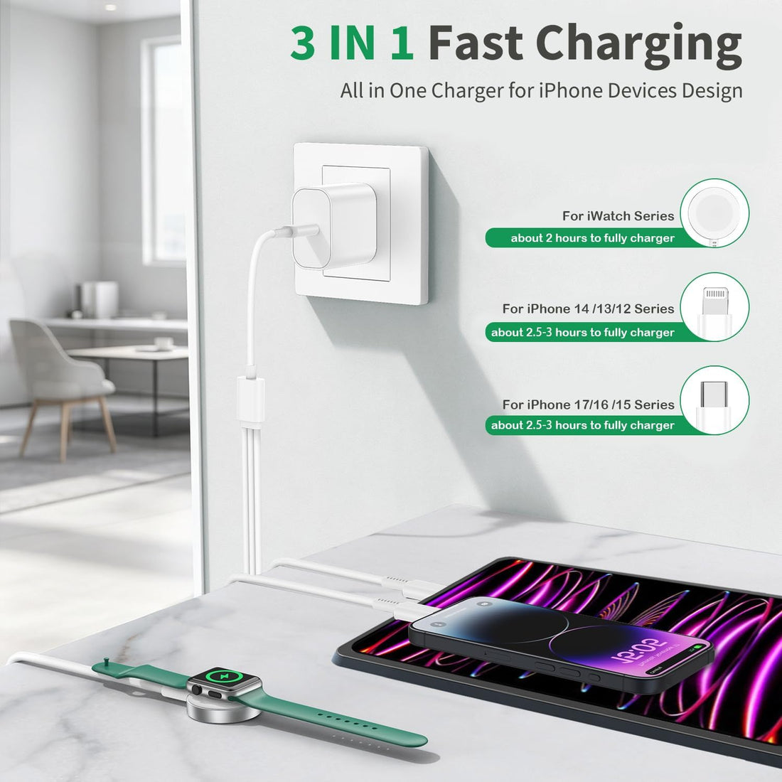 For Apple Watch Charger Fast Charging, 3 in 1 Iphone and Iwatch Cable 6FT