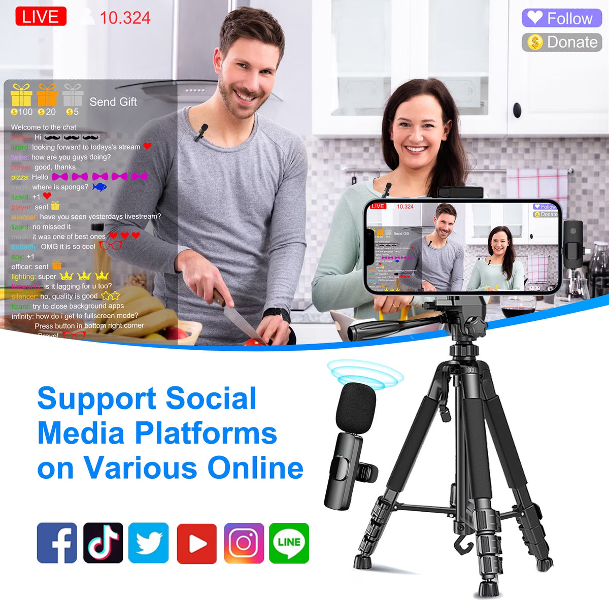 3 in 1 Wireless Lavalier Microphone for Iphone, Android, Camera, Noise Reduction Mini Microphone, Wireless Microphones Double Mics for Video Recording Vlog Podcast