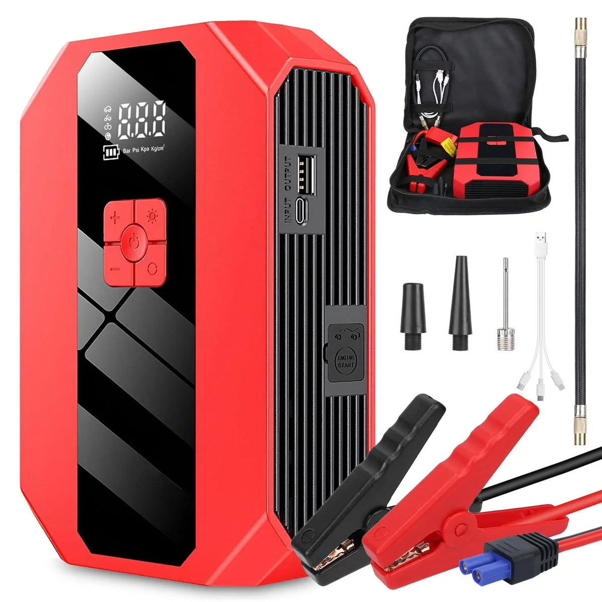1Pc Portable Car Jump Starter Air Compressor 1500A 400PSI Car Battery Charger Jump Starter Power Bank LED Flashlight Digital Tire Inflator for 4.0L Gasoline or 2.0L Diesel Engine