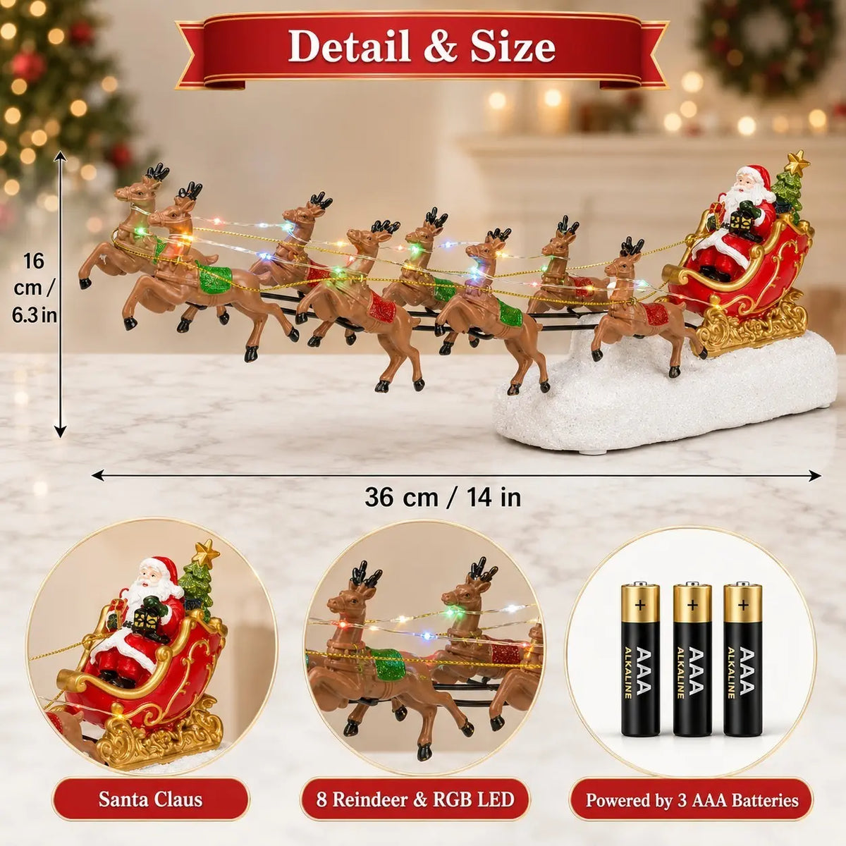 1 Set Santa Sleigh with 8 Reindeer, Classic Christmas RGB LED Lighted Tabletop Decoration, Light up Christmas Decor, 3 AAA Battery Powered Holiday Village Decor for Home Mantel Shelf Christmas Gift