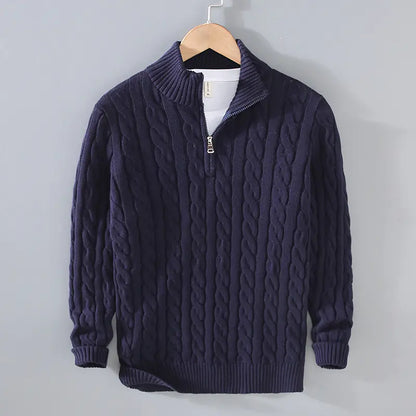 Thick Knit Zipper Sweater with Half Turtleneck
