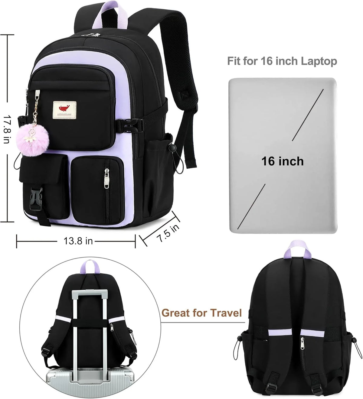 Laptop Backpack 15.6 Inch Backpack Anti-Theft Travel Backpack Large Schoolbag Teenagers（Purple）