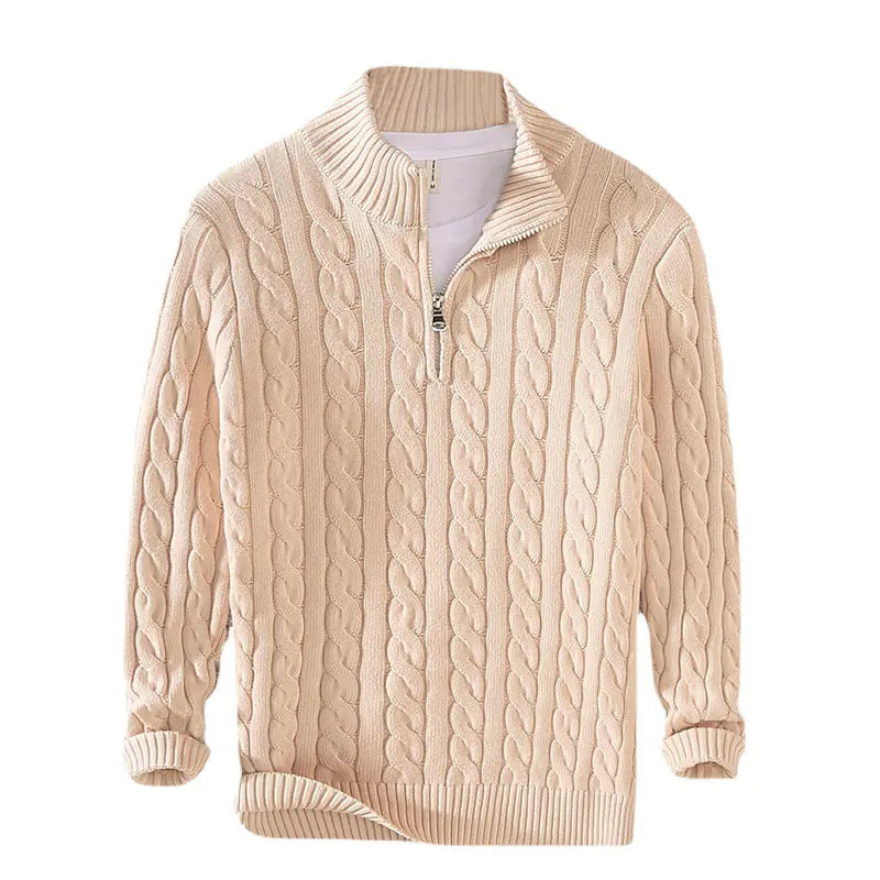 Thick Knit Zipper Sweater with Half Turtleneck